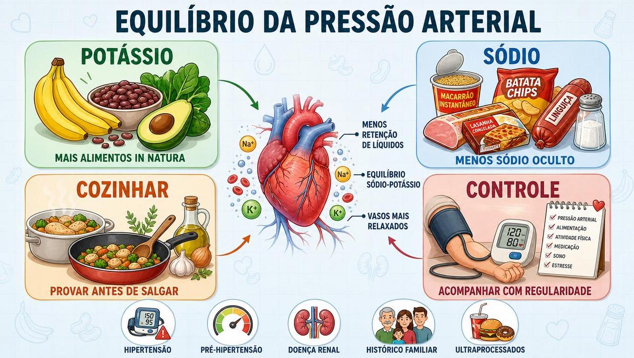 Quatro pilares para melhorar a pressão com menos sódio e mais potássio.