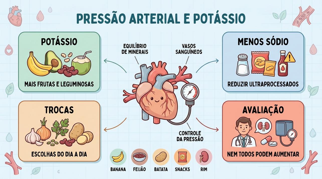 Infográfico mostra potássio, menos sódio, trocas alimentares e avaliação individual.
