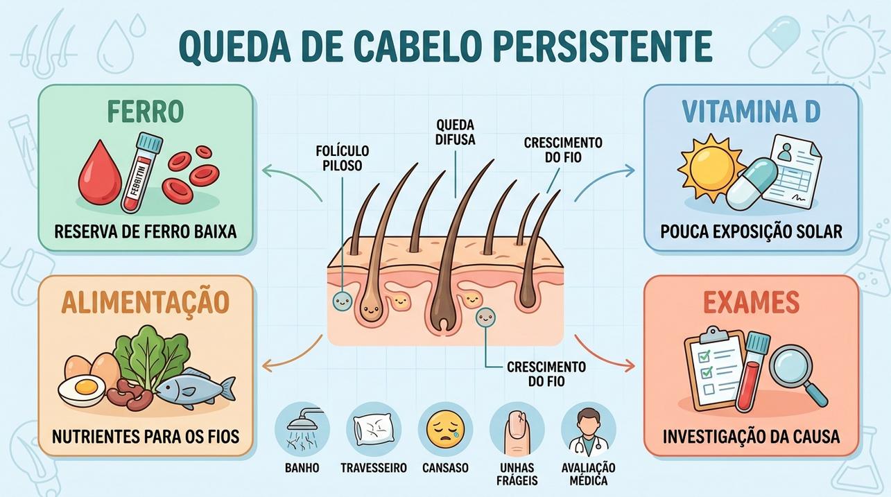 Ferrro, vitamina D, alimentação e exames orientam a investigação da queda capilar.