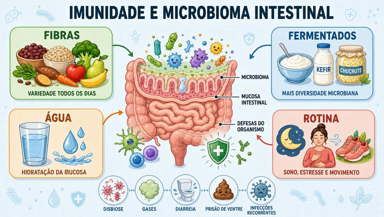 Fibras, fermentados, água e rotina saudável fortalecem microbioma e defesas.