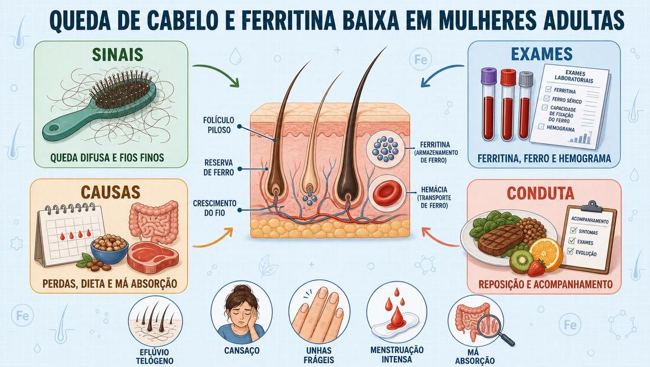 Infográfico resume sinais, exames, causas e condutas na queda por deficiência de ferro.