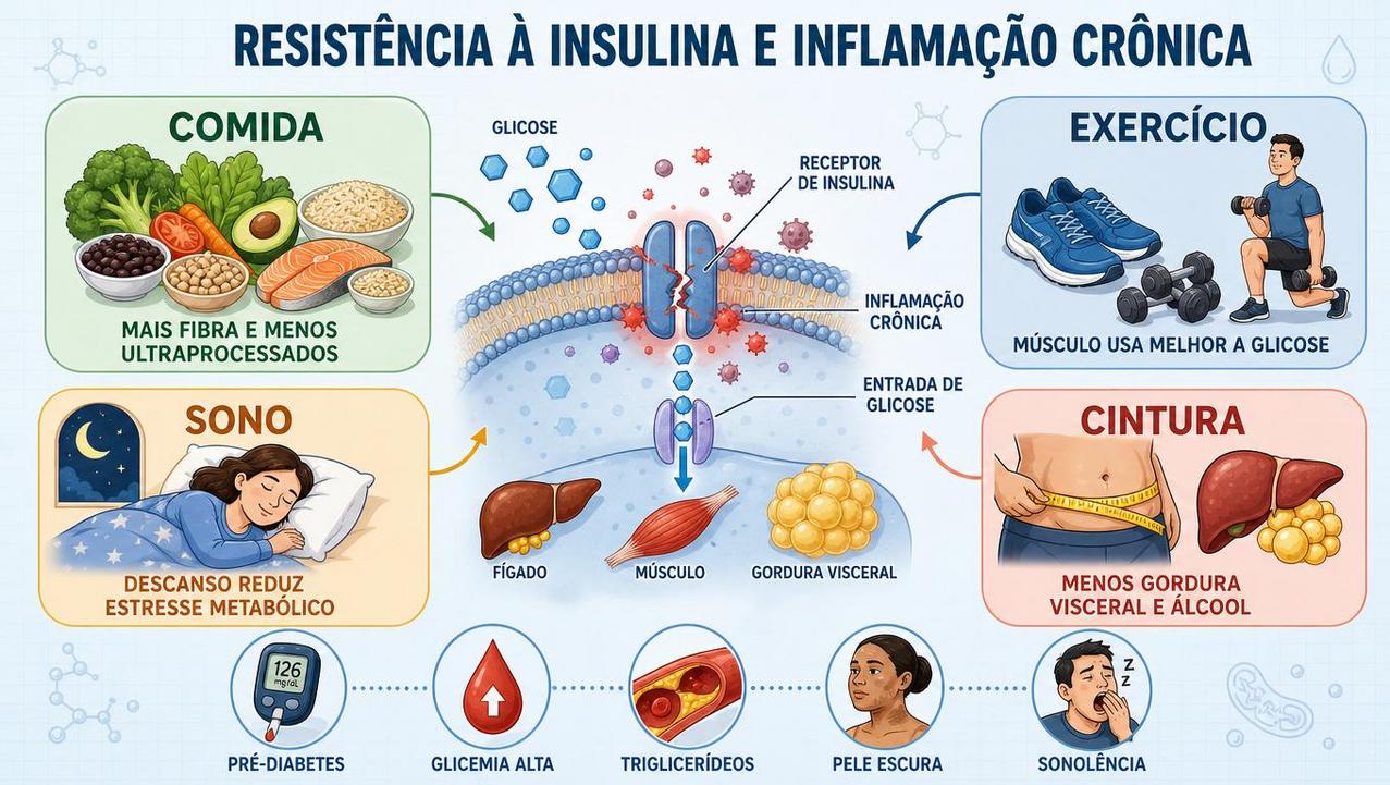 Alimentação, exercício, sono e cintura abdominal influenciam a resistência à insulina.
