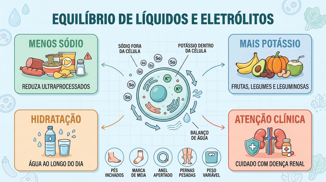 Quatro pilares para reduzir retenção: menos sódio, mais potássio, água e cautela clínica.