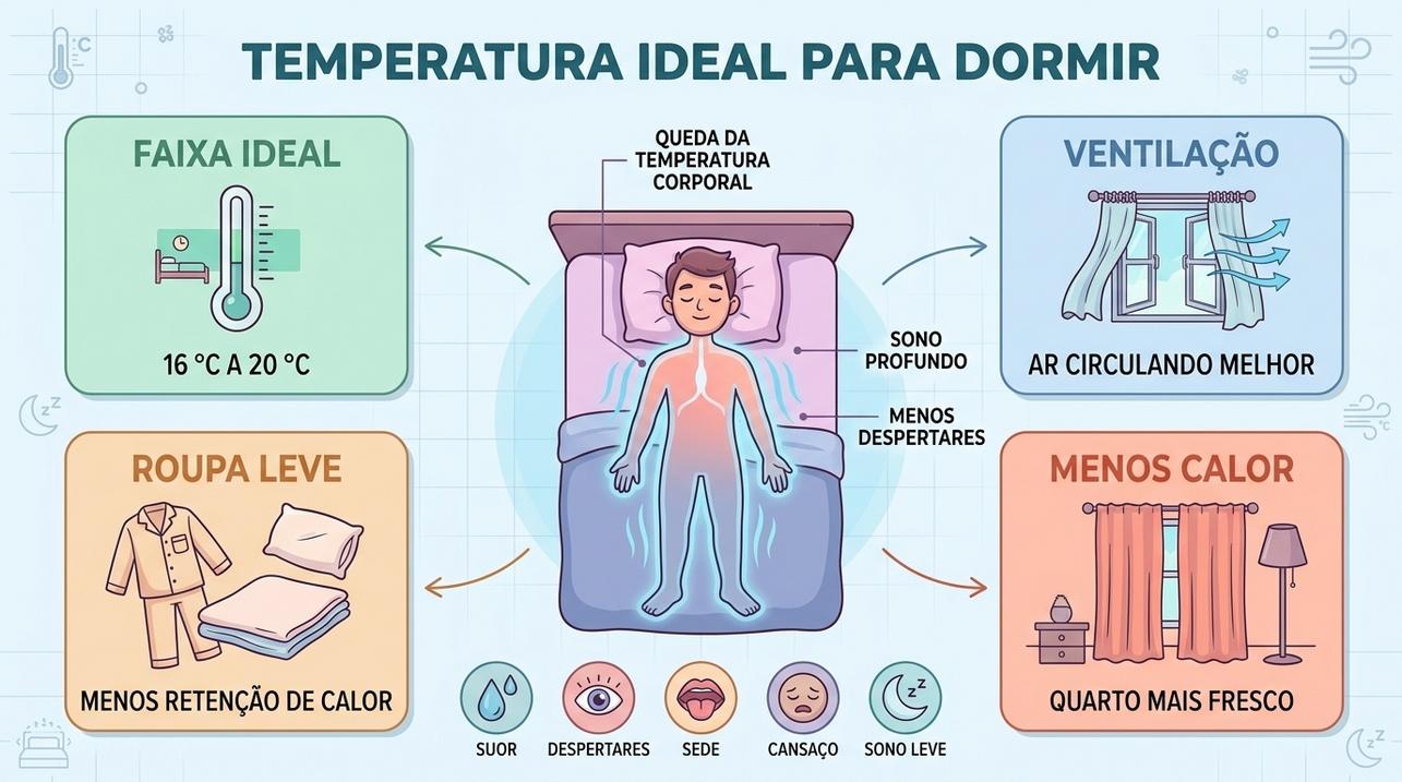 Faixa ideal, ventilação e roupa leve ajudam a dormir melhor.