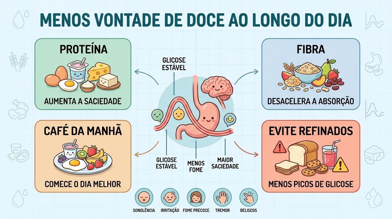 Proteína, fibra e escolhas equilibradas ajudam a controlar fome e glicose.