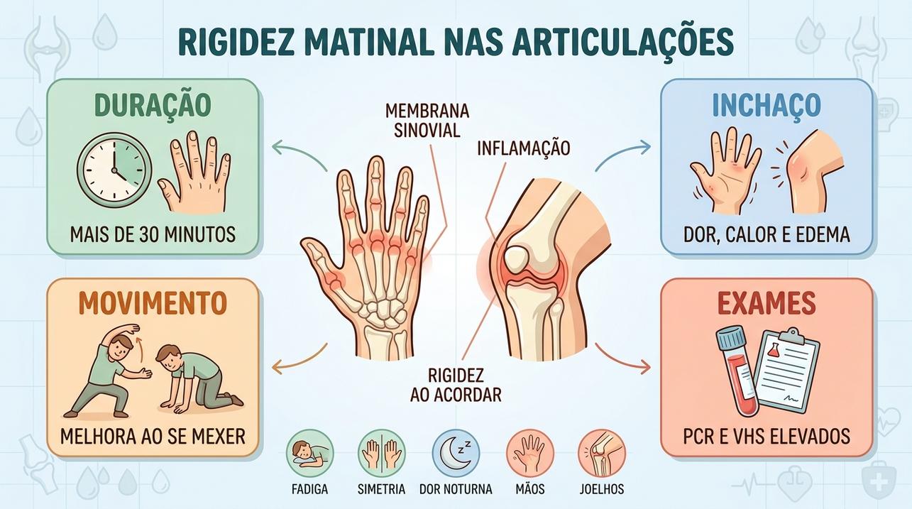 Duração, inchaço, movimento e exames ajudam a interpretar a rigidez matinal.