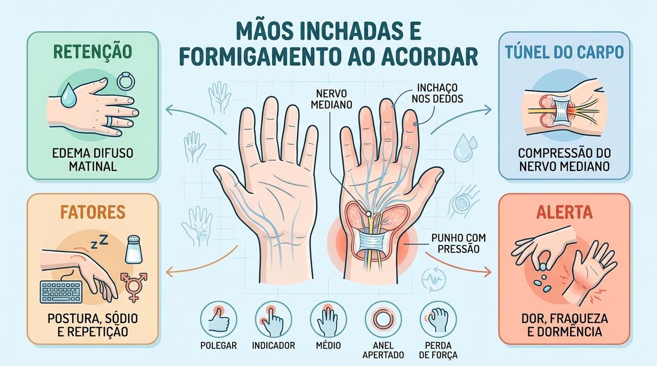 Infográfico resume sinais, fatores e diferenças entre retenção e compressão nervosa.