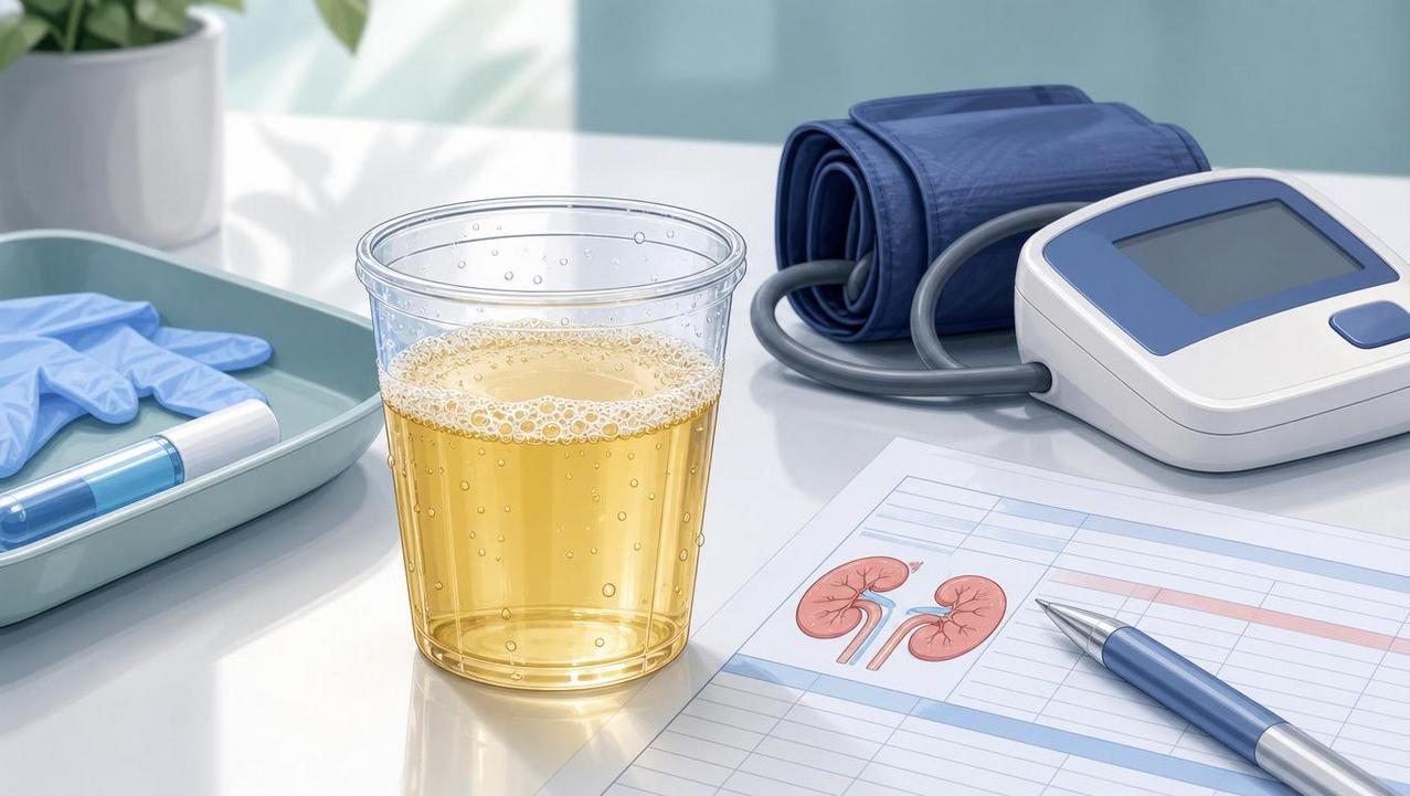 Urina espumosa e pressão alta reforçam suspeita de alteração renal inicial.