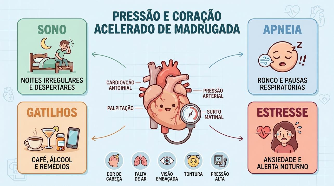 Sono, apneia, gatilhos e estresse influenciam pressão e palpitações noturnas.