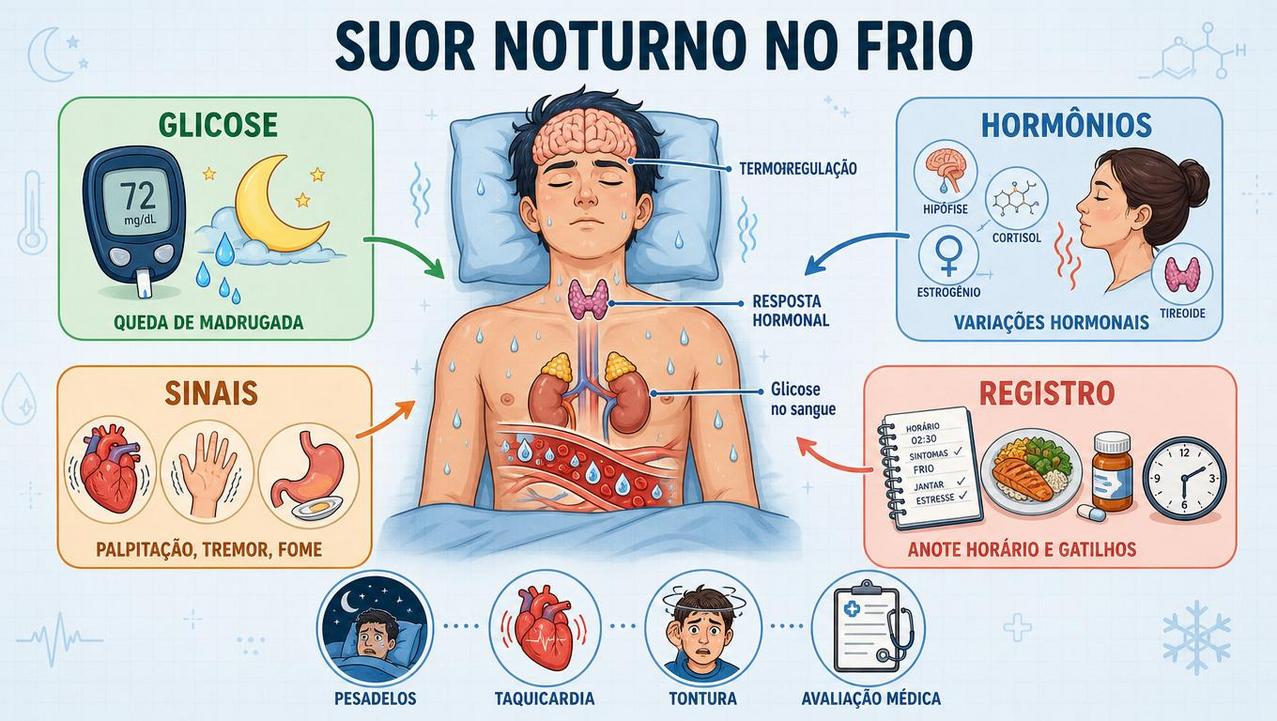 Infográfico resume glicose, hormônios, sinais associados e registro dos episódios noturnos.
