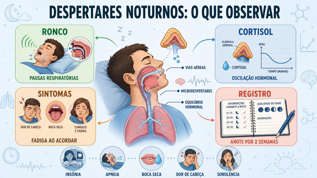 Ronco, cortisol, sintomas matinais e registro do sono orientam a investigação.