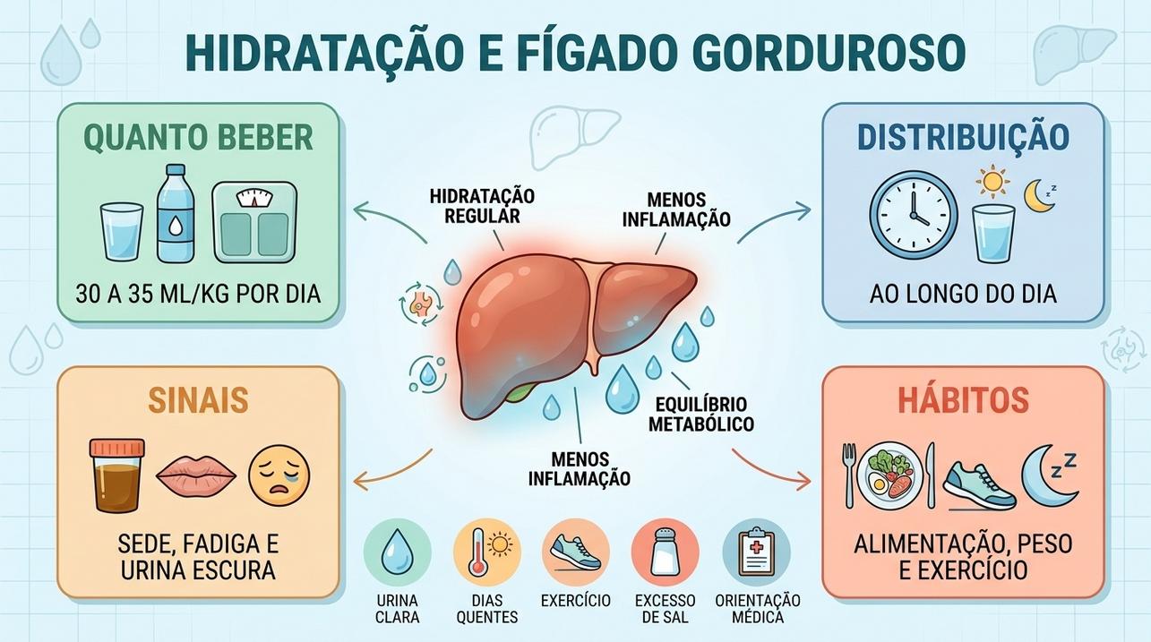 Infográfico resume hidratação, sinais, distribuição diária e hábitos contra inflamação hepática.