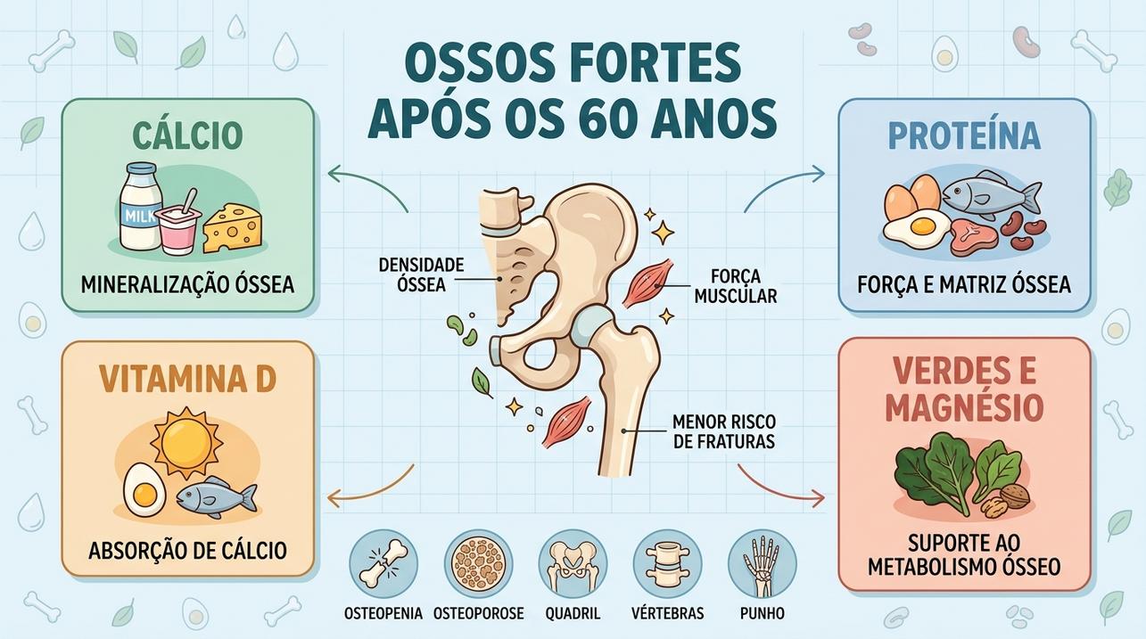 Cálcio, proteína, vitamina D e vegetais sustentam ossos fortes na terceira idade.