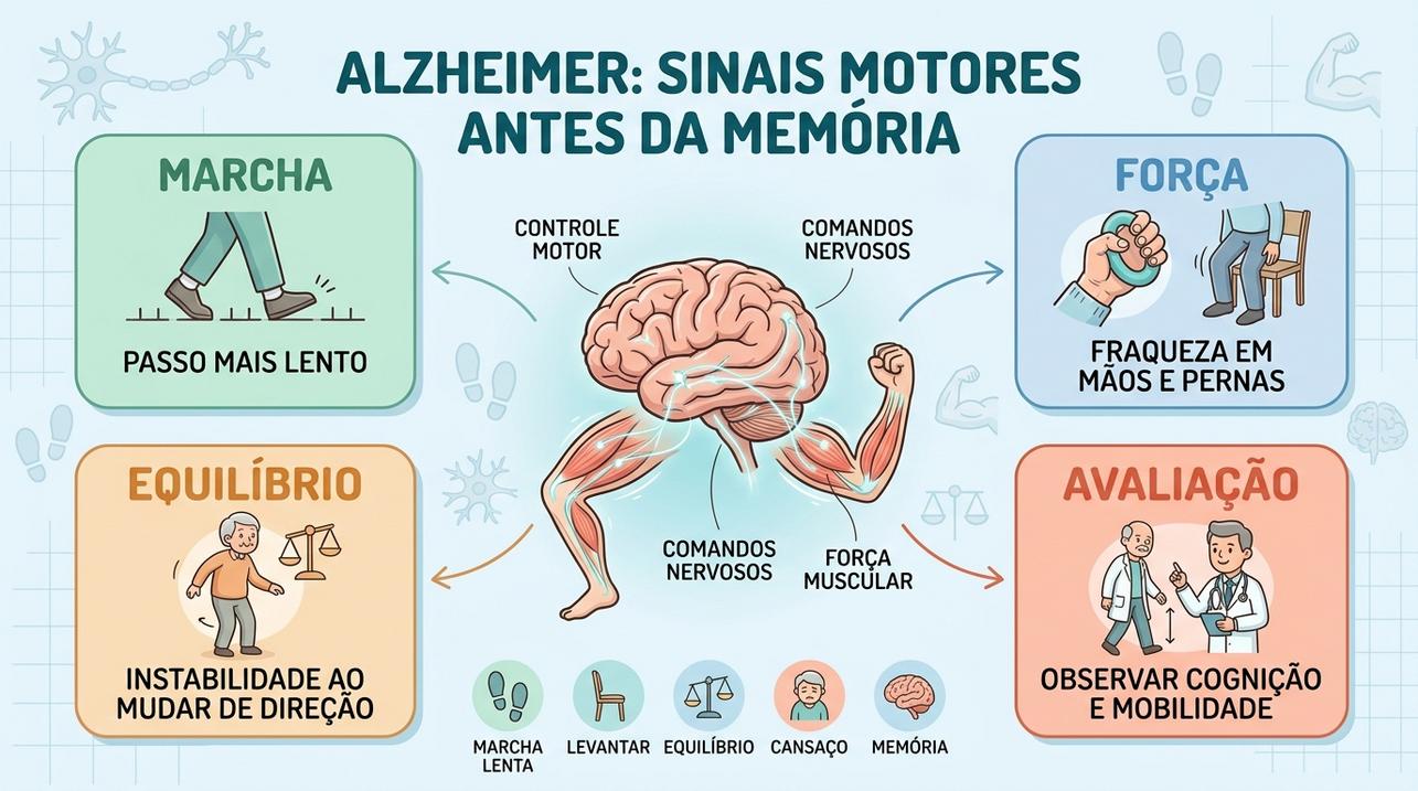 Marcha, força, equilíbrio e avaliação clínica formam pilares dos sinais precoces.