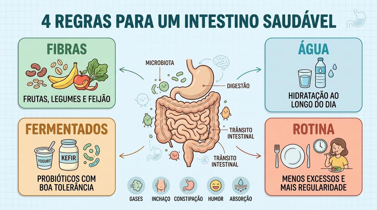 Os quatro pilares do intestino saudável favorecem digestão, microbiota e regularidade.