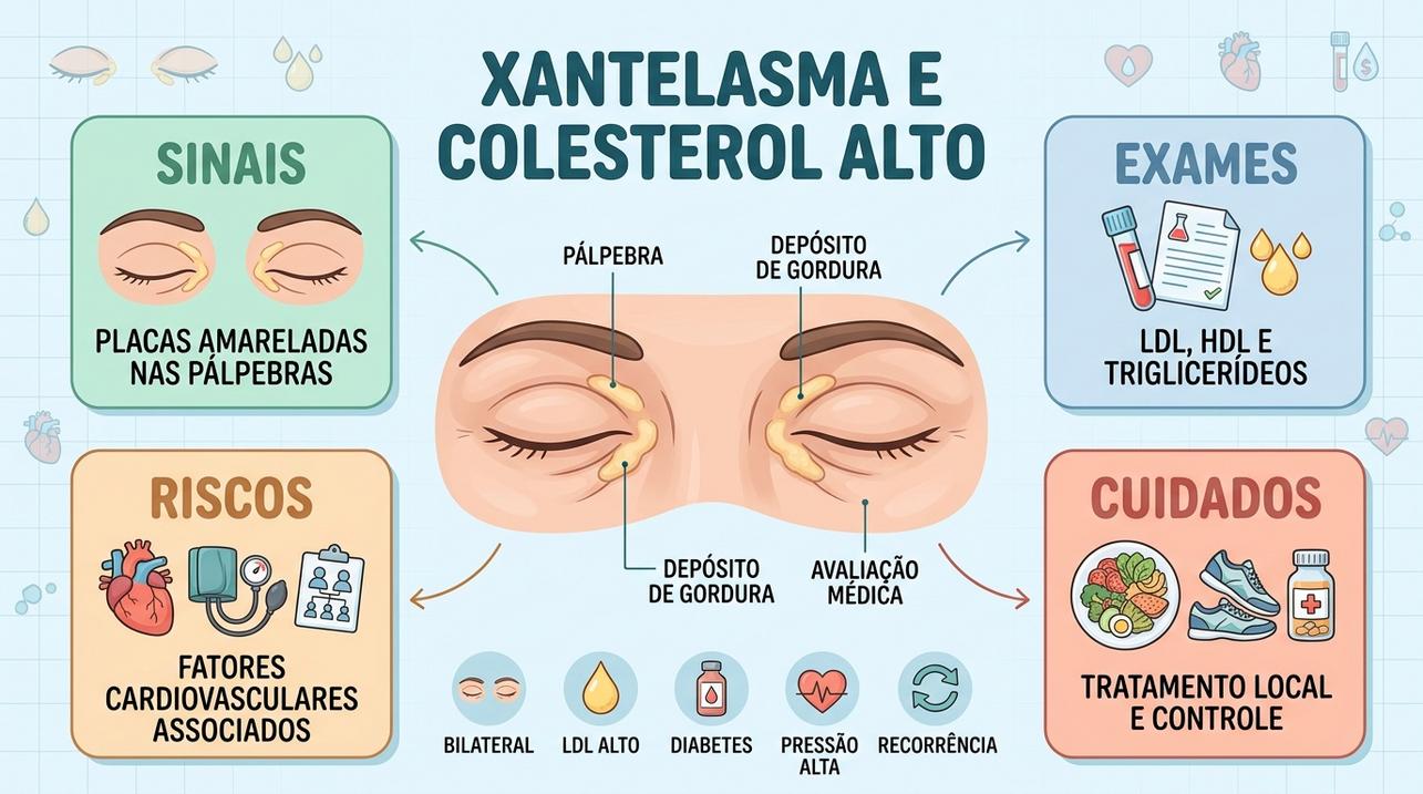 Infográfico resume sinais, exames, riscos e cuidados ligados ao xantelasma.