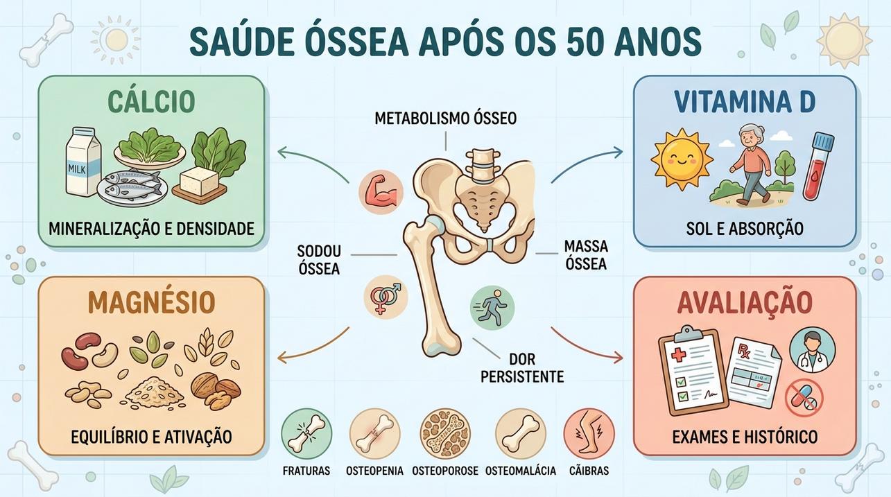 Infográfico resume nutrientes, exames e sinais importantes para a saúde óssea.