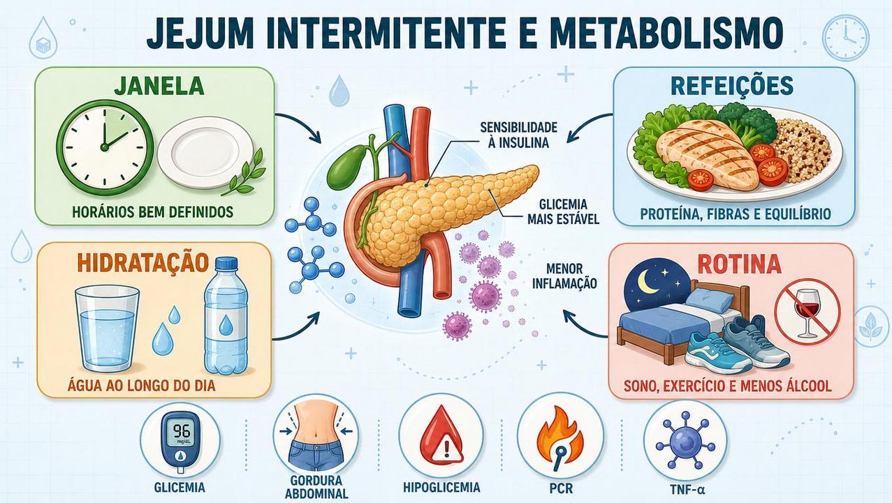 Janela, refeições, hidratação e rotina formam os pilares metabólicos do protocolo.