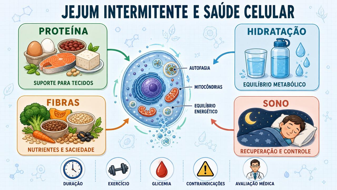 Proteína, hidratação, fibras e sono sustentam melhor resposta celular ao jejum.