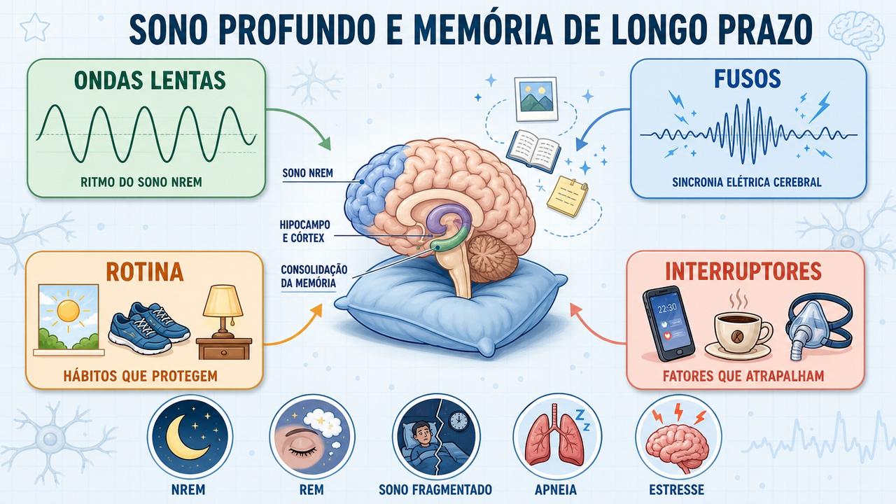 Ondas lentas, fusos, rotina e interrupções influenciam a memória noturna.