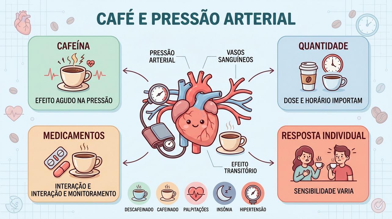 Cafeína, dose, medicamentos e sensibilidade individual moldam a resposta pressórica.