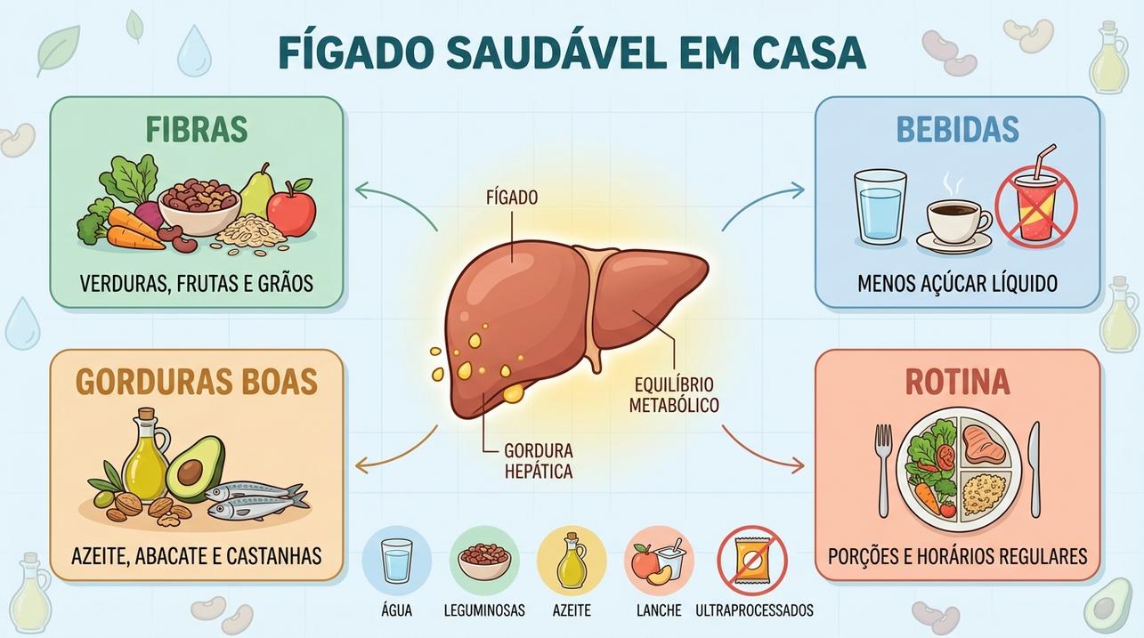 Fibras, bebidas adequadas, gorduras boas e rotina equilibrada favorecem o fígado.