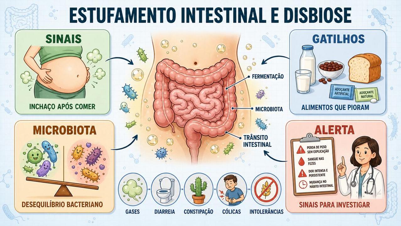 Infográfico resume sinais, gatilhos, microbiota e alertas do estufamento intestinal.