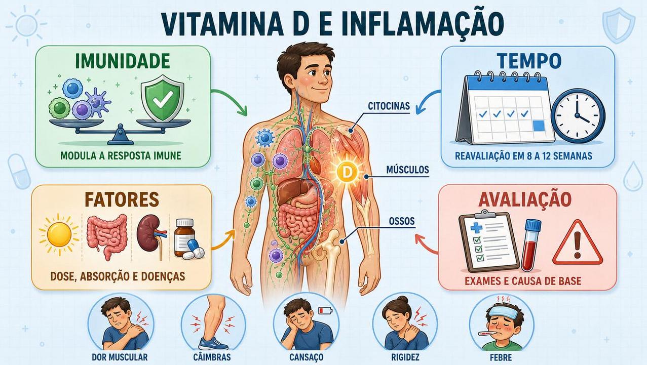 Infográfico resume imunidade, tempo, fatores e avaliação no uso da vitamina D.
