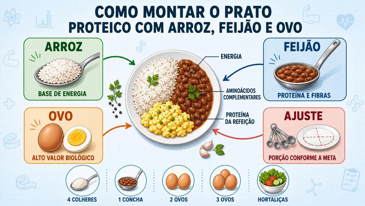 Infográfico mostra os pilares para montar um prato proteico equilibrado.