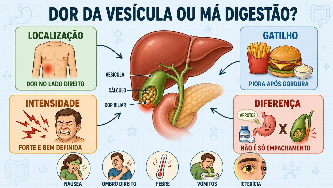 Infográfico mostra localização, gatilhos, intensidade e diferenças da dor biliar.