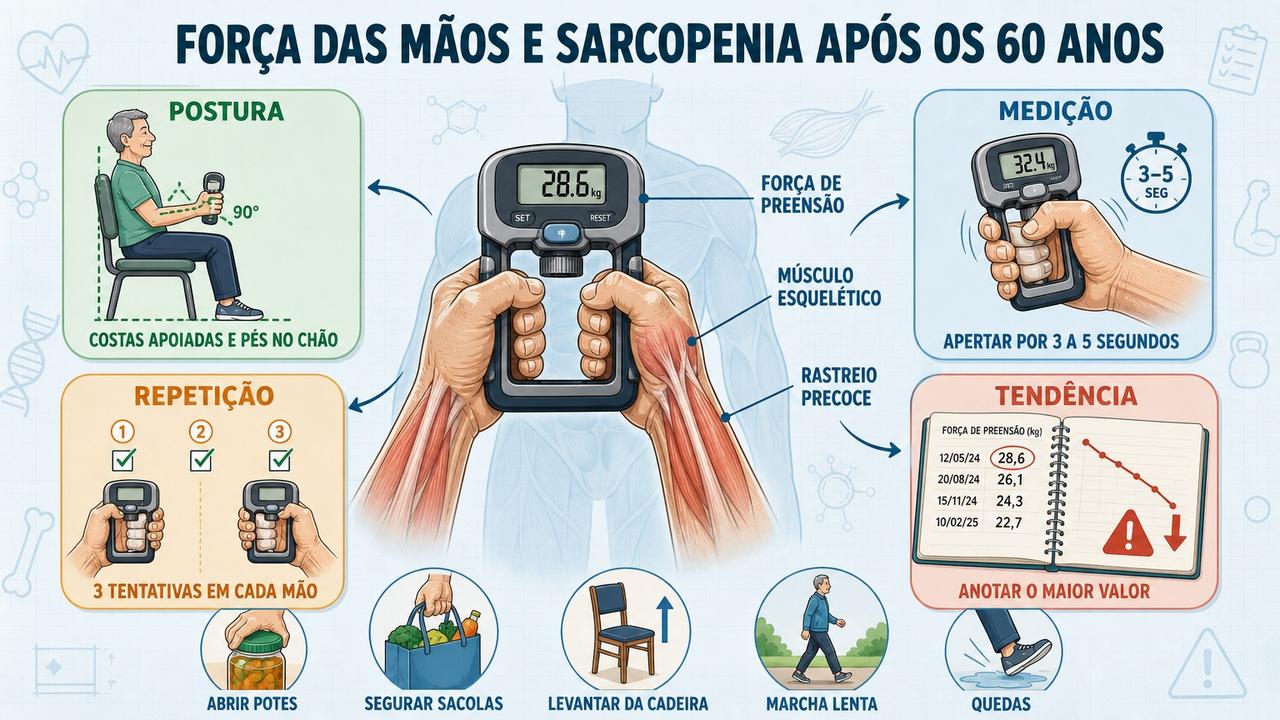 Postura, medição, repetição e tendência orientam a autoavaliação da força manual.