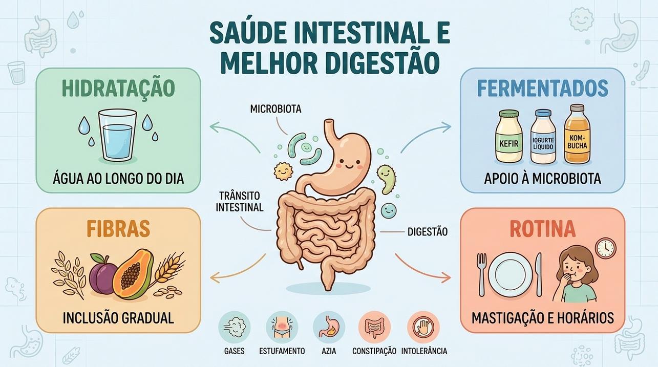 Hidratação, fermentados, fibras e rotina ajudam a melhorar a digestão.