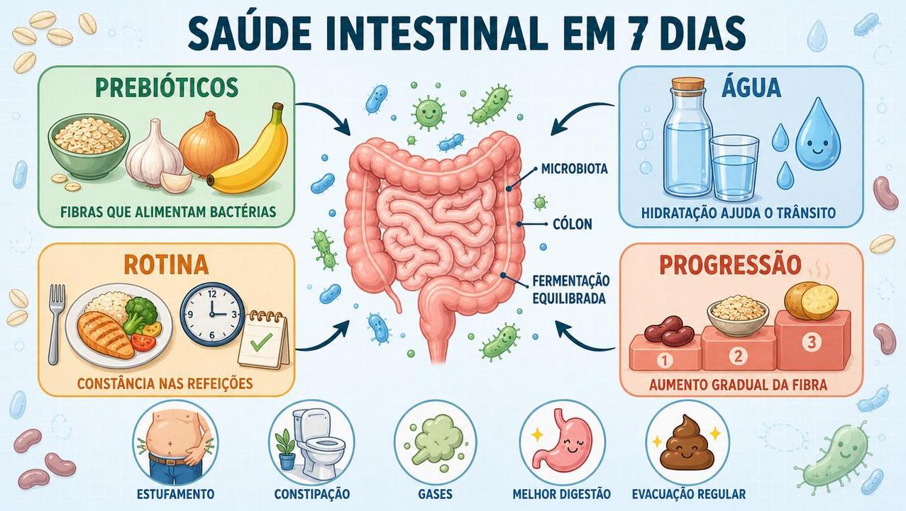Quatro pilares fortalecem a microbiota: prebióticos, água, rotina e progressão gradual.