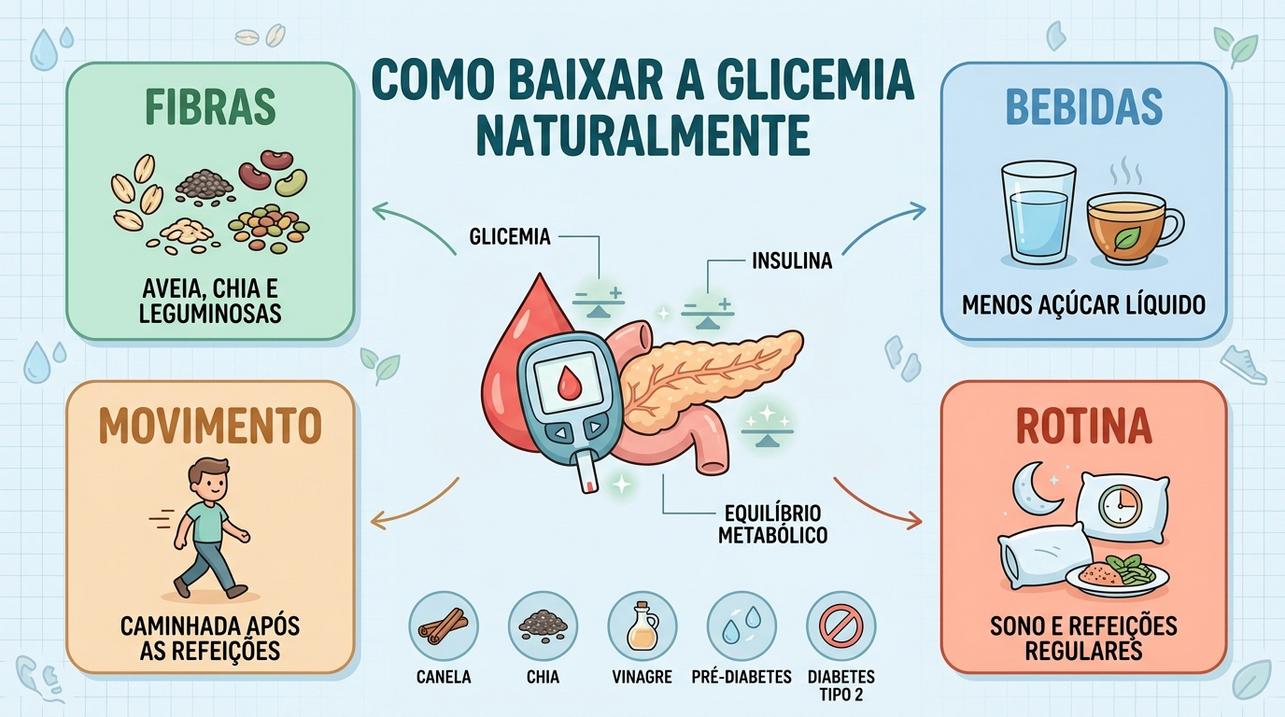 Fibras, bebidas sem açúcar, movimento e rotina apoiam o controle glicêmico.