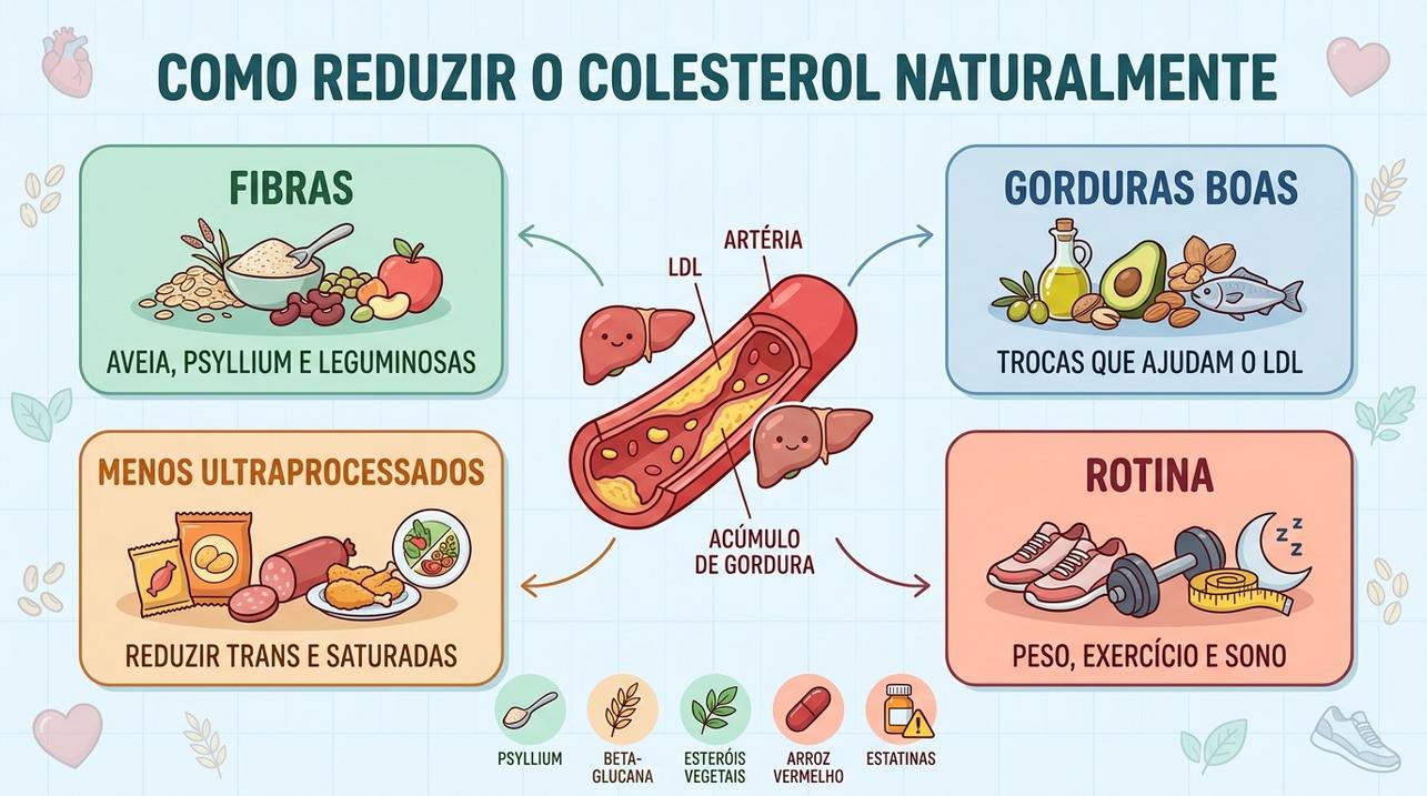 Fibras, gorduras boas, menos ultraprocessados e rotina ativa apoiam o LDL.
