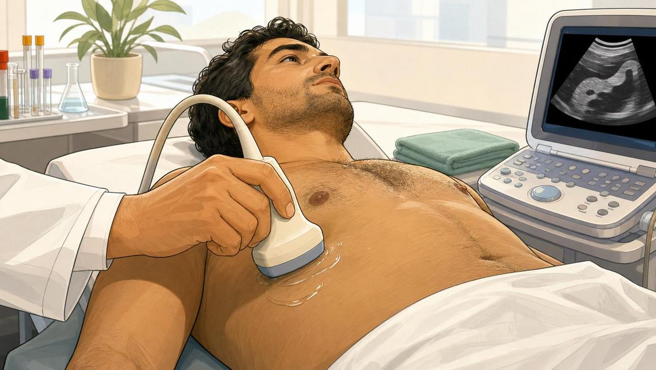 Ultrassom abdominal auxilia no diagnóstico, mas não avalia sozinho a fibrose.