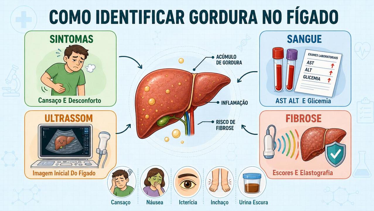 Infográfico resume sintomas, exames laboratoriais, ultrassom e avaliação de fibrose hepática.