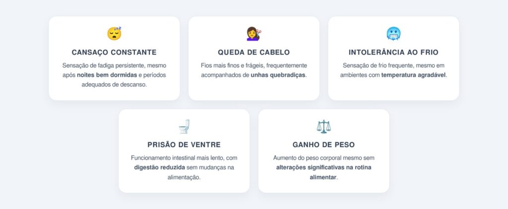 Quais são os cinco sinais mais comuns de baixa função da tireoide?