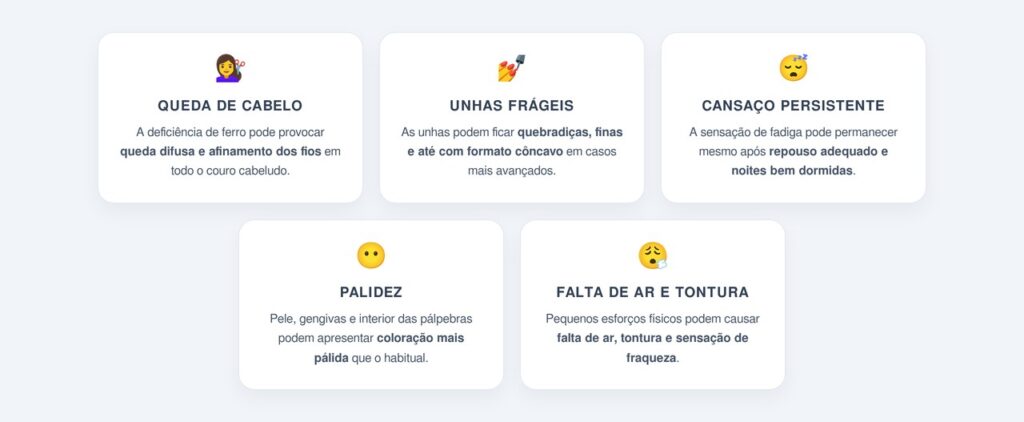 Quais são os cinco sinais mais comuns de deficiência de ferro?