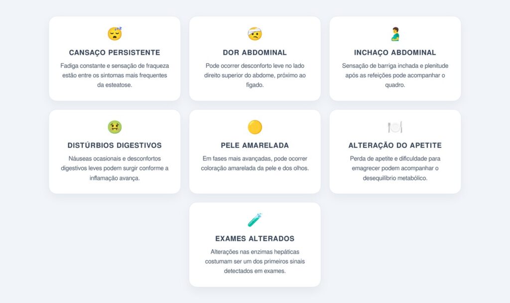 Quais são os principais sintomas da esteatose hepática?