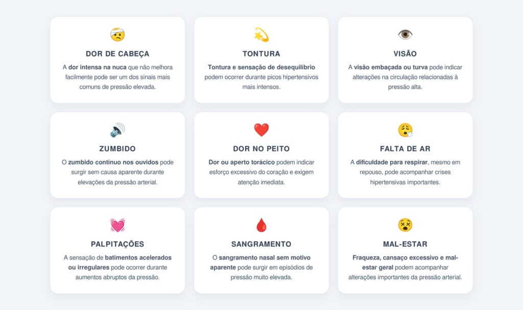 Quais sintomas indicam que a pressão arterial subiu?