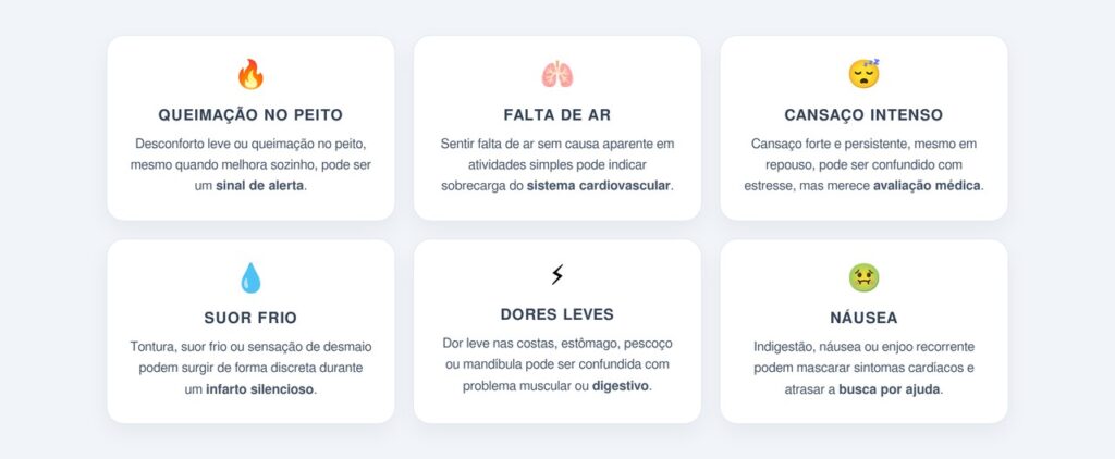 Quais sinais sutis podem indicar um infarto silencioso?