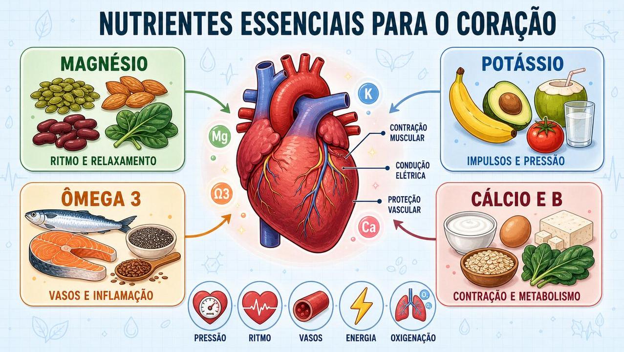 Magnésio, potássio, ômega 3 e cálcio sustentam ritmo, pressão e vasos.