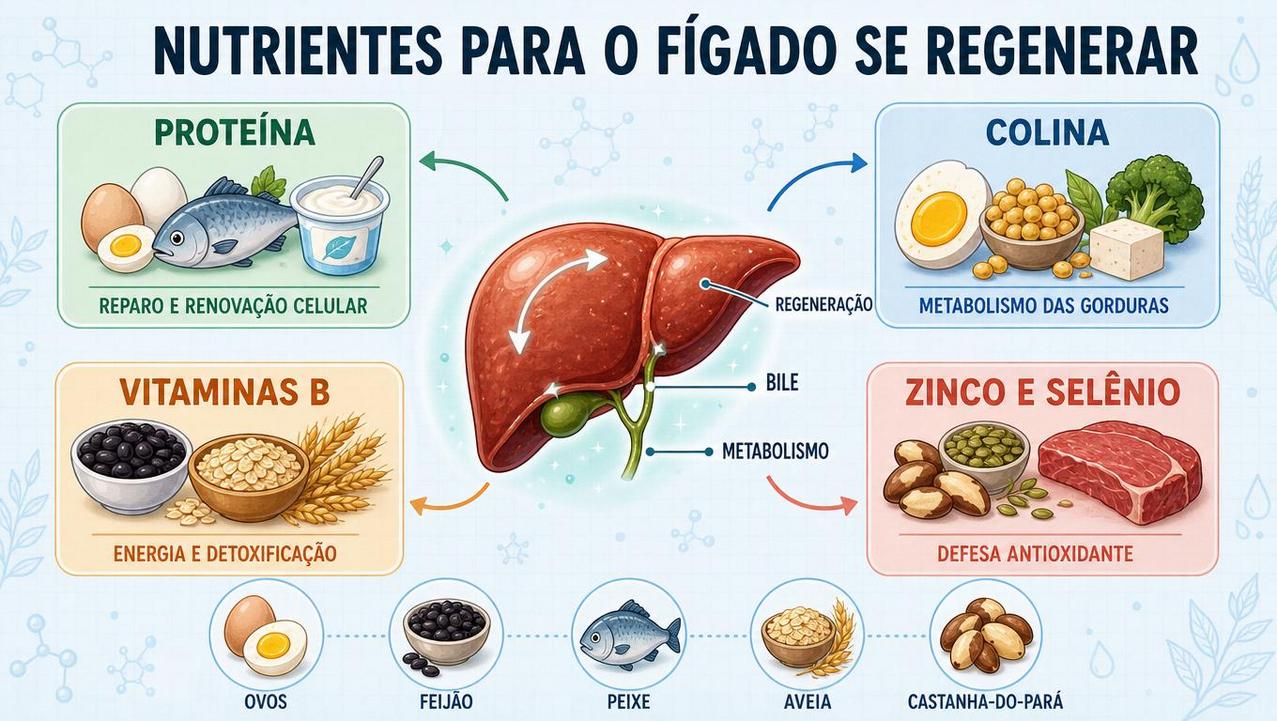 Proteína, colina, vitaminas B e minerais sustentam a recuperação hepática.