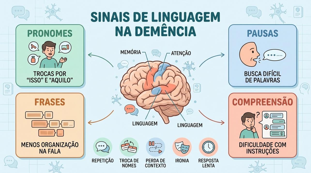 Pronomes vagos, pausas, frases curtas e compreensão reduzida merecem atenção.