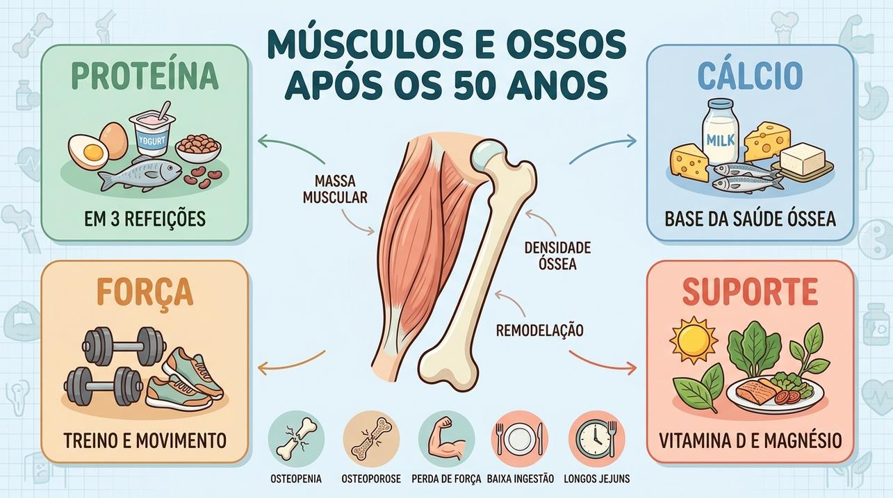 Quatro pilares protegem força muscular e densidade óssea no envelhecimento.