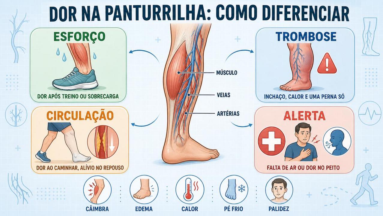 Infográfico resume esforço, trombose, circulação arterial e sinais de alerta.