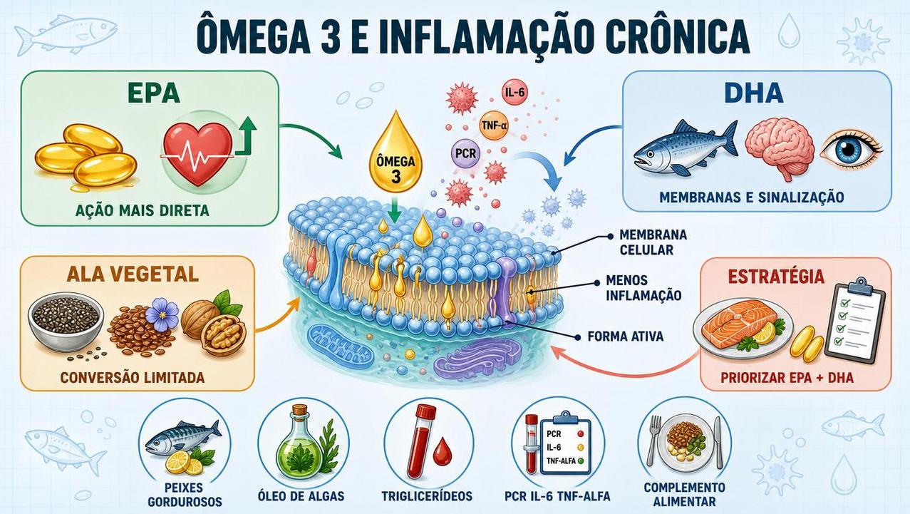 Infográfico resume EPA, DHA, ALA vegetal e a estratégia mais indicada.
