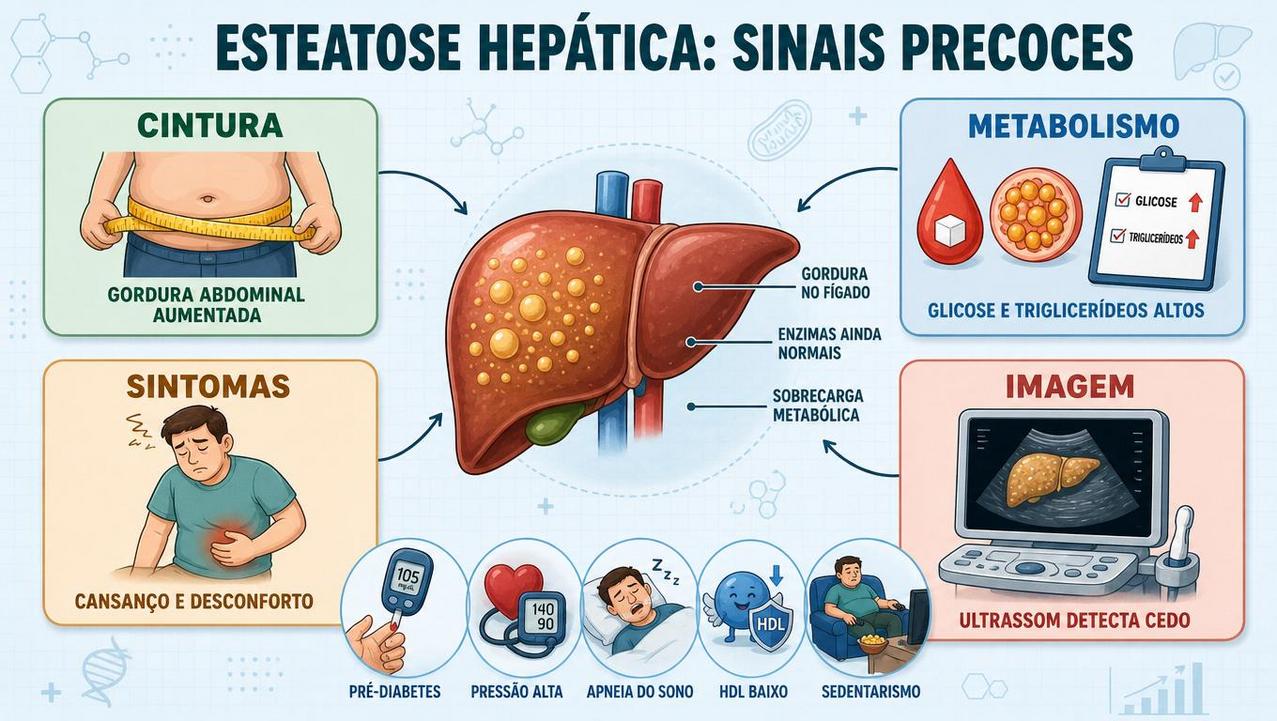 Cintura, metabolismo, sintomas e imagem ajudam a suspeitar de esteatose hepática.