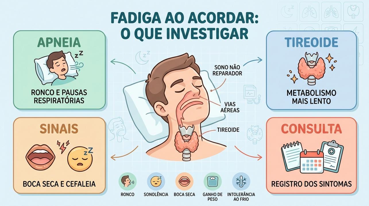 Infográfico resume sinais, causas e investigação da fadiga ao acordar.